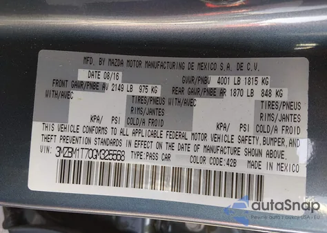 2016 Mazda Mazda3 I Sport z USA, uszkodzony, nr VIN 3MZBM1T70GM325568